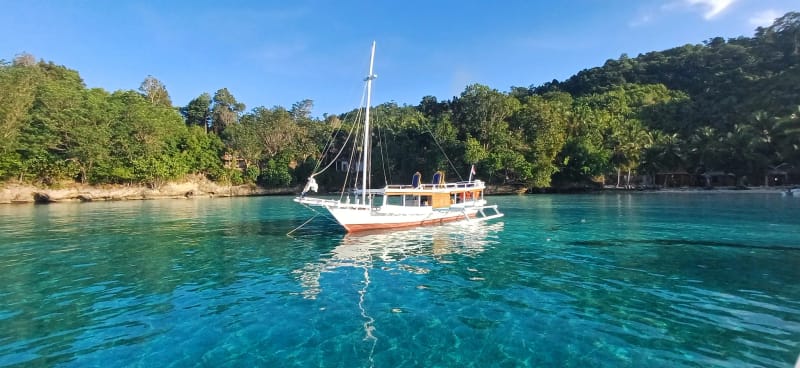 A white wooden phinisi anchored in a calm turquoise bay below forested hills